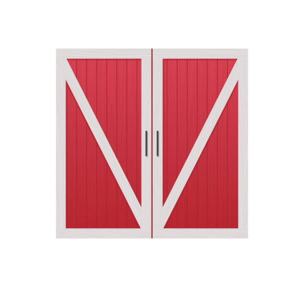ilustraciones, imágenes clip art, dibujos animados e iconos de stock de vista frontal de la puerta del granero de madera roja y la caricatura del edificio del almacén de la granja. - barn door