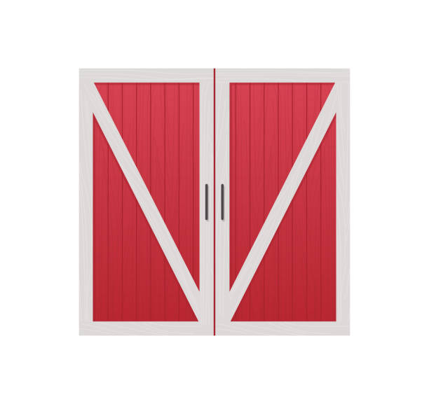 ilustrações de stock, clip art, desenhos animados e ícones de red wooden barn door front view and farm warehouse building cartoon. - barn door