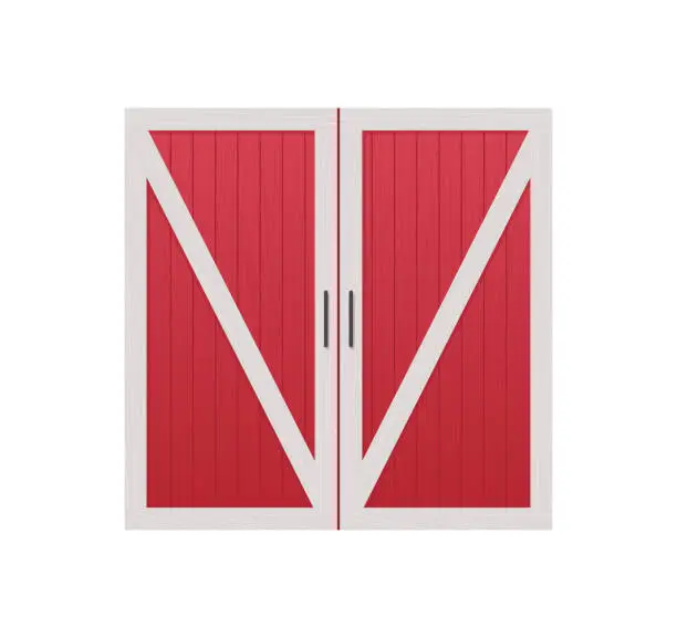 Vector illustration of Red wooden barn door front view and farm warehouse building cartoon.