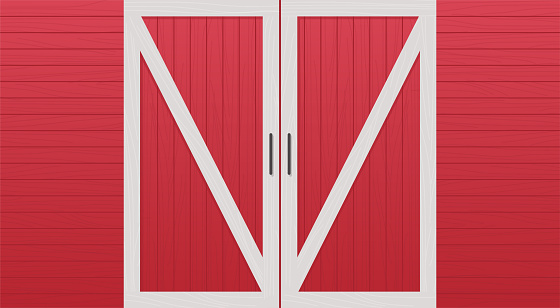 Red wooden barn door front view and farm warehouse building cartoon concept horizontal flat vector illustration.