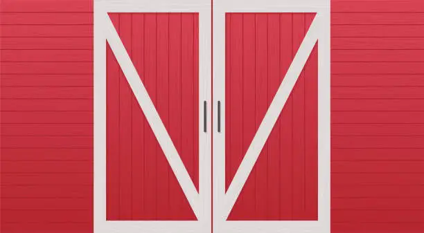 Vector illustration of Red wooden barn door front view and farm warehouse building cartoon.