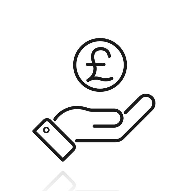 Pound coin in hand. Icon with reflection on white background Icon of "Pound coin in hand" with its reflection and isolated on a blank background. Vector Illustration (EPS file, well layered and grouped). Easy to edit, manipulate, resize or colorize. Vector and Jpeg file of different sizes. coin outline stock illustrations