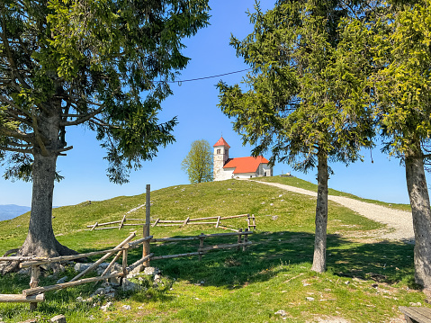 Church on peak Sv. Ana, Podpec town, Brezovica, Ljubljana Marshes, Slovenia