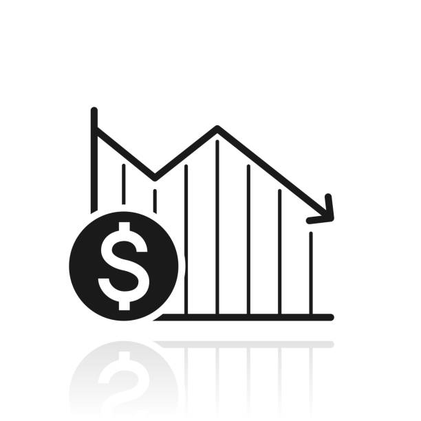 ドル硬貨による減少グラフ。白い背景に反射するアイコン - moving down dollar decline graph点のイラスト素材／クリップアート素材／マンガ素材／アイコン素材