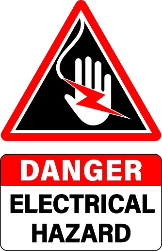Danger, electrical hazard. Warning triangle sign with symbols of hand, wire and electric shock. Text below.