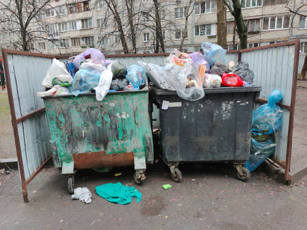 istock Two iron garbage containers full of various garbage on the street 1458430540