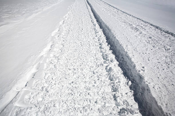 Close up of snow track after groomer stock photo