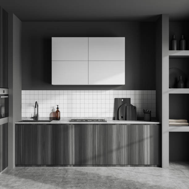 istock Grey kitchen interior with sink, stove and shelf with kitchenware 1458432104
