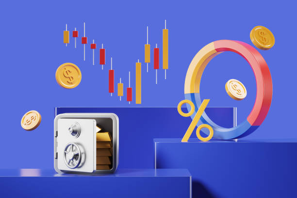 istock Safe box and pie chart, candlesticks and flying coins 1458434572