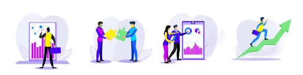 Vector illustration of Business concepts of analytics, planning, marketing research, work communication, goal settings. People launching projects, studying reports.