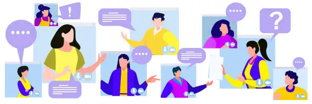 Vector illustration of Online remote video conference call. Business communication via internet concept. Virtual distant work of people, colleagues team.