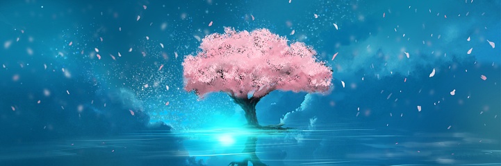 Mysterious fantasy background wide size illustration of cherry blossom trees in full bloom rising to the surface of the sea and snowstorms of flowers reflected on the surface of the sea.