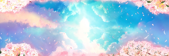 Wide size fantasy landscape illustration of beautiful heavenly entrance with geometric pattern textures shining divinely through rainbow colored clouds.