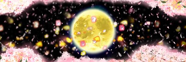 japoński krajobraz ilustracja tła pięknego księżyca w pełni, japońskich złotych liści chmur i nocnych kwiatów wiśni, pełnych kwitnących kwiatów wiśni, burzy śnieżnej tajemniczo tańczącej. - black background panoramas fall flowers stock illustrations