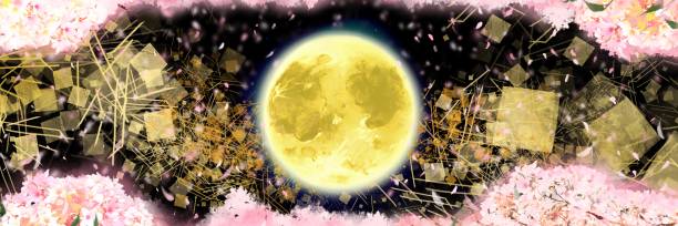 japoński krajobraz ilustracja tła pięknego księżyca w pełni, japońskich złotych liści chmur i nocnych kwiatów wiśni, pełnych kwitnących kwiatów wiśni, burzy śnieżnej tajemniczo tańczącej. - black background panoramas fall flowers stock illustrations