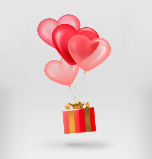 geschenkbox mit roten und rosa herz-luftballons. 3d-vektorillustration - heart balloon stock-grafiken, -clipart, -cartoons und -symbole