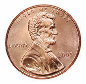 2008 penny with President Lincoln on a white background