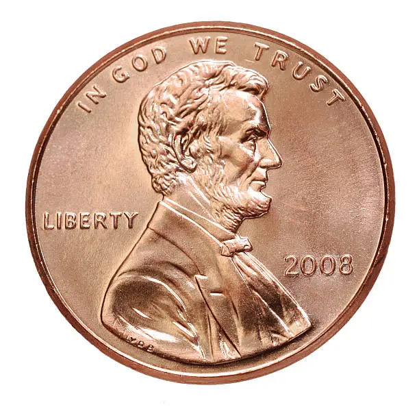 Photo of 2008 penny with President Lincoln on a white background