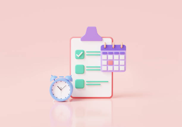 istock Clipboard checklist with clock and calendar. deadline checklist, Notification, Deadline day warning, quick questionnaire, planning, reminder list. work deadline concept. 3d render illustration 1458440954