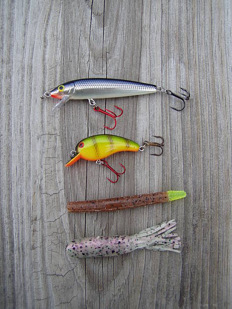 istock Fishing lures on weathered wood 145844111