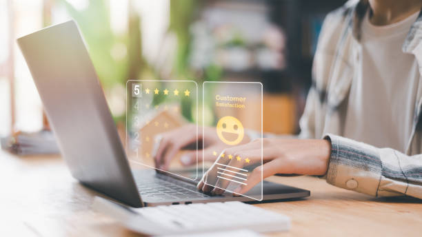 istock Male consumers expressed their evaluations and rated their satisfaction. Customer Experience Survey Concepts for Services and Products and customer engagement service quality assessment 1458442243