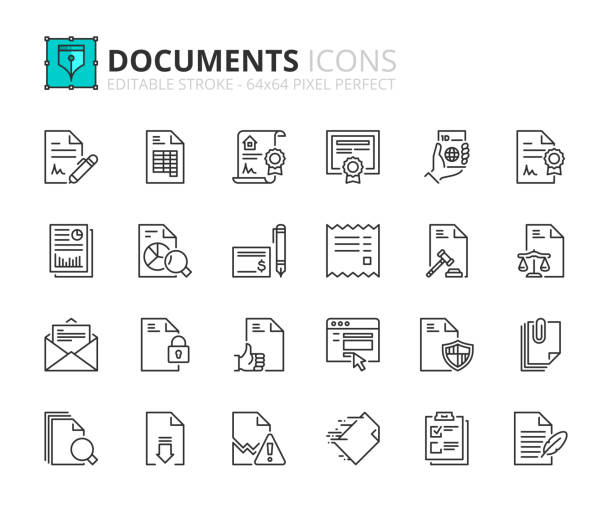 ilustraciones, imágenes clip art, dibujos animados e iconos de stock de iconos de esquema sobre documentos - report