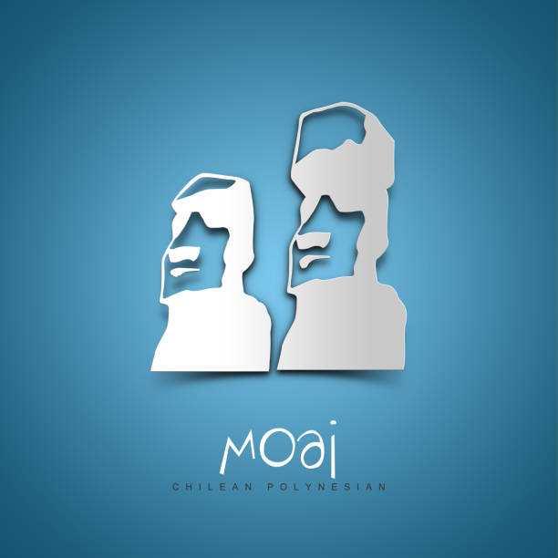 Moai, Chilean Polynesian. Greeting card. Blue background. No people. Copy space. Sample text.