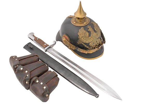 istock Composition with old German helm, bayonet and cartridge pouch 145844415