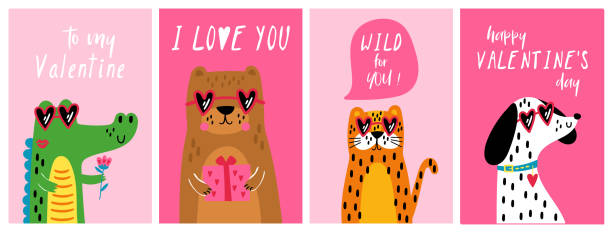 valentinstag niedliche tiere grußkarte set mit hund, tiger, bär und krokodil. kindlicher druck für karten, einladungen und dekoration - cat food stock-grafiken, -clipart, -cartoons und -symbole