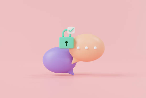 istock Concept of security chat. 3d Chat bubble protection secured with  locked padlock and check mark icon. private chat data, Chatting, message box, Security lock. 3d render illustration. cartoon minimal 1458445914