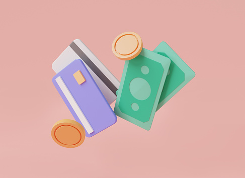 Credit card, coin and banknotes cash on pink background.Banking investment, transaction, growth money, Money saving, Business finance, payment transfer. minimal cartoon. 3d rendering illustration