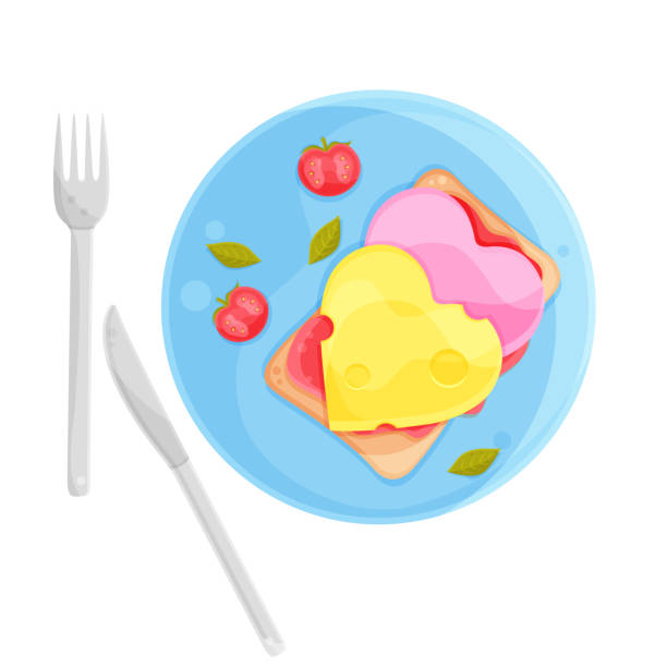 istock vector illustration romantic breakfast, cheese and sausage sandwiches, cutlery, hand drawing 1458447008