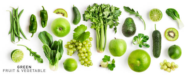 istock Green fruits and vegetable mix creative layout 1458448933