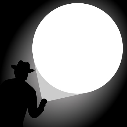 silhouette man hoding a flashlight shining on the wall for copy space. business, illustration, vector, website, graphic resource, article, promotion, banner, sale, print, black and white