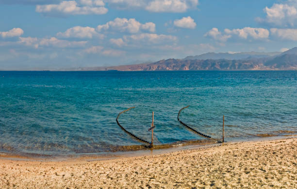 entrance into swimming area on sandy beach of the red sea - gulf of aqaba imagens e fotografias de stock