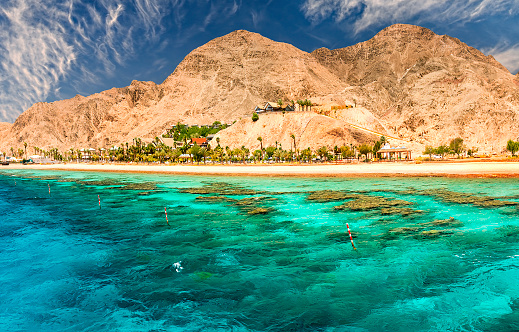 Coral reefs of the Red Sea and foreground of wooden footpath as a copy space for web banner