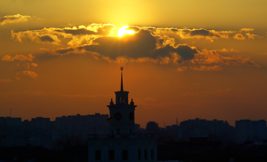 City tower in Khmelnitsky in Ukraine during a sundown