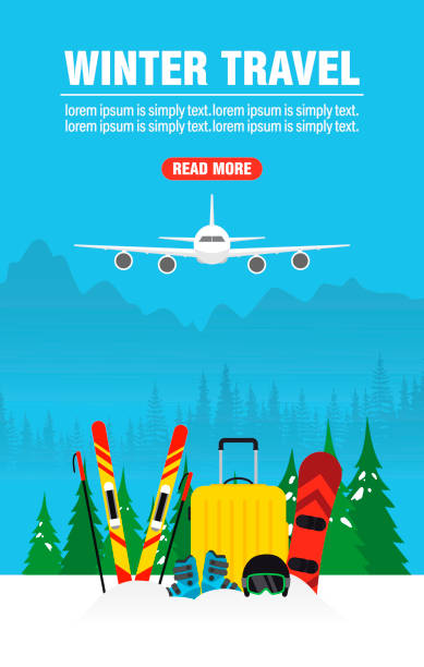 illustrations, cliparts, dessins animés et icônes de vacances d’hiver voyage web bannière concept design plat - ski travel symbol suitcase
