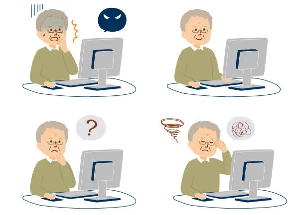 Vector illustration of Facial expression illustration of a elderly man using a computer