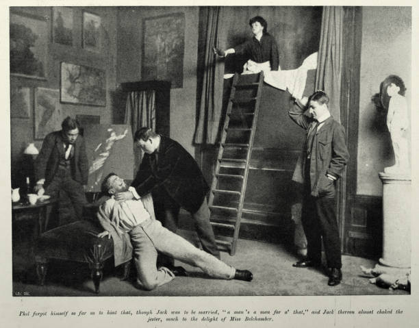 illustrations, cliparts, dessins animés et icônes de photographie d’acteurs jouant dans une pièce victorienne, a bit of old chelsea, court theatre, 1897, 19th century - crime scene