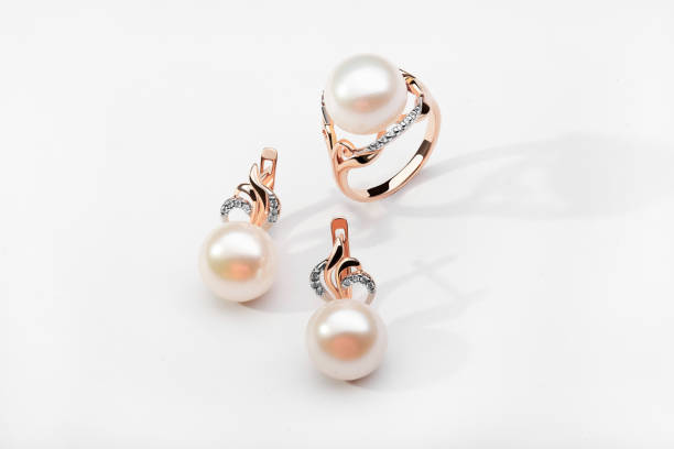 Elegant jewelry set. Jewellery set with gemstones. Jewelry accessories collage. Product still life concept. Ring, necklace and earrings. stock photo