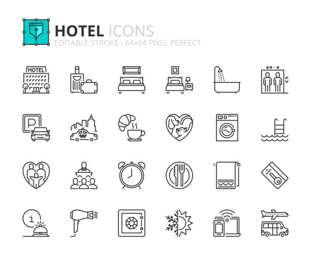 ilustraciones, imágenes clip art, dibujos animados e iconos de stock de iconos de esquema sobre el hotel - queen size bed