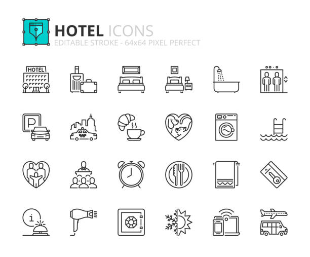 illustrazioni stock, clip art, cartoni animati e icone di tendenza di icone di struttura sull'hotel - hotel bed silhouette travel