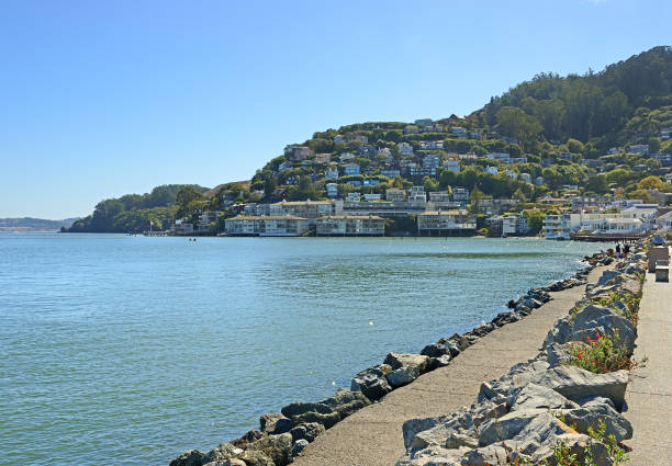 sausalito combina collina con costa, come si vede in questa vista da bridgeway, la strada centrale della città, in california - sausalito foto e immagini stock