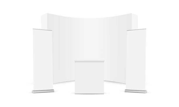 stockillustraties, clipart, cartoons en iconen met blank pop up display stand with table and roll up banners mockup - handelsbeursbanners en stands