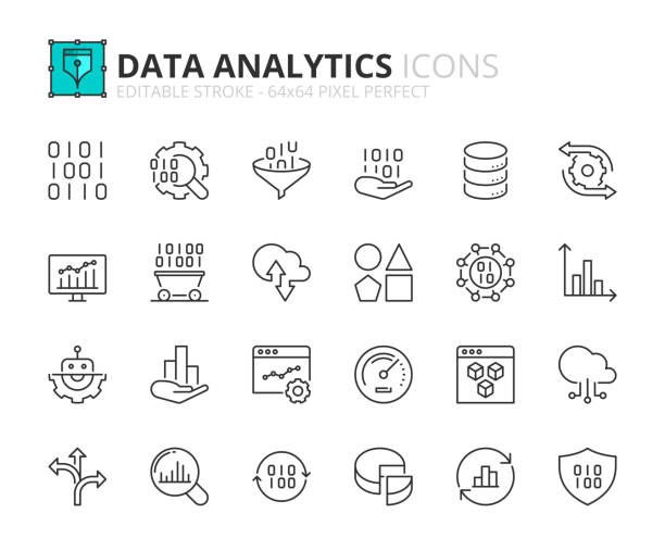 Simple set of outline icons about data analytics. Technology concept. Line icons about data analytics. Contains such icons as mining, processing, monitoring, modeling and management big data and statistics. Editable stroke Vector 64x64 pixel perfect artificial intelligence icon stock illustrations