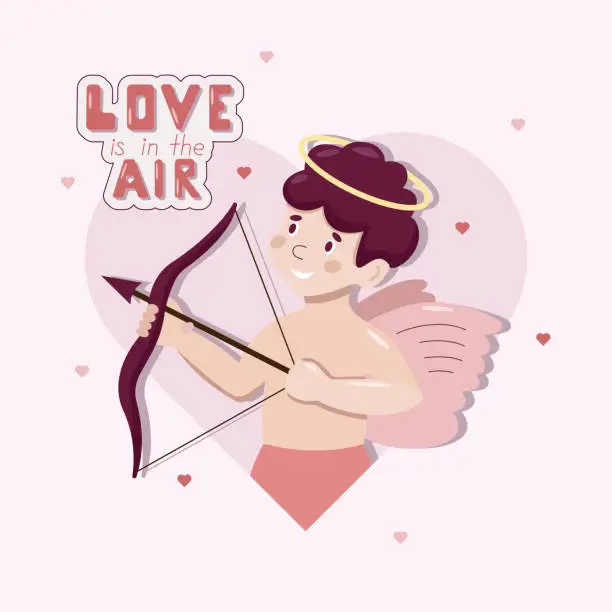 Vector illustration of Cute cartoon vector greeting card with little Cupid shooting from the bow in a heart. Angel character. Valentine Day concept.