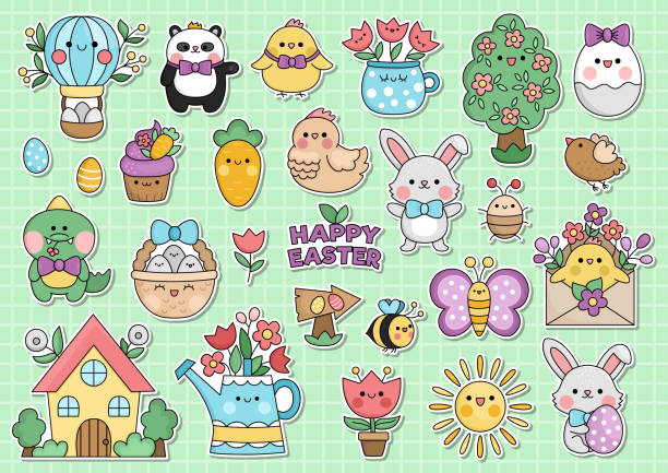 Vector Easter stickers with cute kawaii characters. Traditional spring holiday clipart for kids. Funny badges collection with bunny, chick, bumblebee, colored eggs. Garden cartoon icons set Vector Easter stickers with cute kawaii characters. Traditional spring holiday clipart for kids. Funny badges collection with bunny, chick, bumblebee, colored eggs. Garden cartoon icons set easter easter egg eggs basket stock illustrations