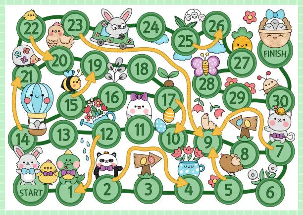 Vector illustration of Easter board game for children with funny animals going for egg hunt with basket. Spring holiday party boardgame with bunny, chick, flowers, birds. Cute garden printable roll a dice activity