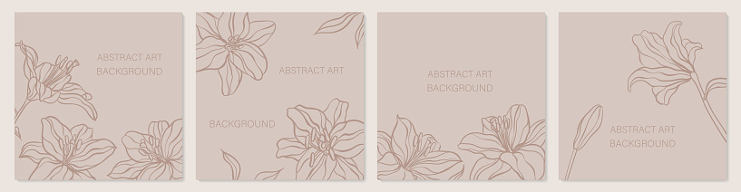 Set of creative minimalist hand draw illustrations floral outline lily pastel biege simple shape for wall decoration, postcard or brochure cover design